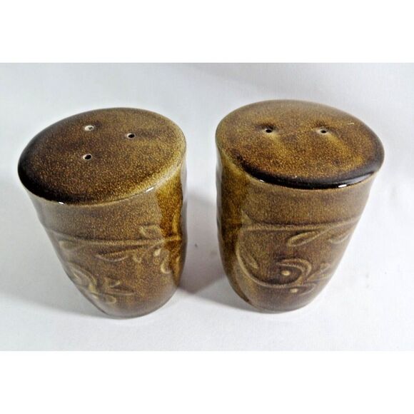 Reba Harmony Belmont Villa Salt Pepper Shakers Embossed Brown Scroll Boxed Gift - Picture 4 of 5